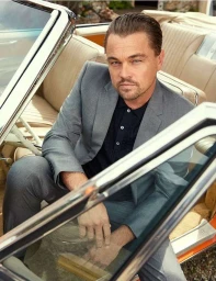 Leonardo DiCaprio wearing a grey suit and black shirt sitting inside a vintage convertible car.