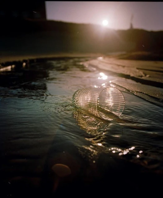 Clear plastic cup partially submerged in shallow water, sunlight reflecting on ripples, sandy bank and sun in background.
