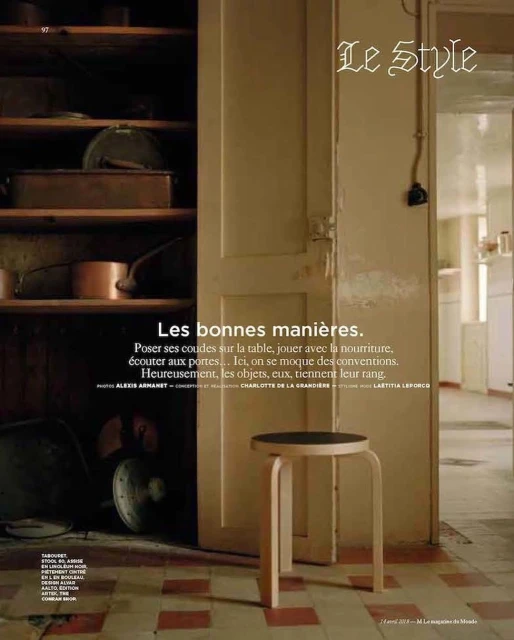 Interior still life with wooden stool, open door, and shelf filled with copper pots and pans in warm lighting, magazine cover.