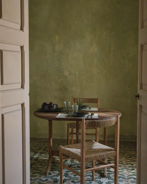 Dining room interior featuring a round wooden table set with plates, glasses, and fruit, surrounded by woven chairs on a patterned floor.