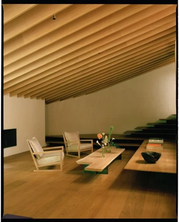 Living room interior with light wood floors, ceiling, and furniture; a light, neutral palette, and minimalist design. Modern decor.
