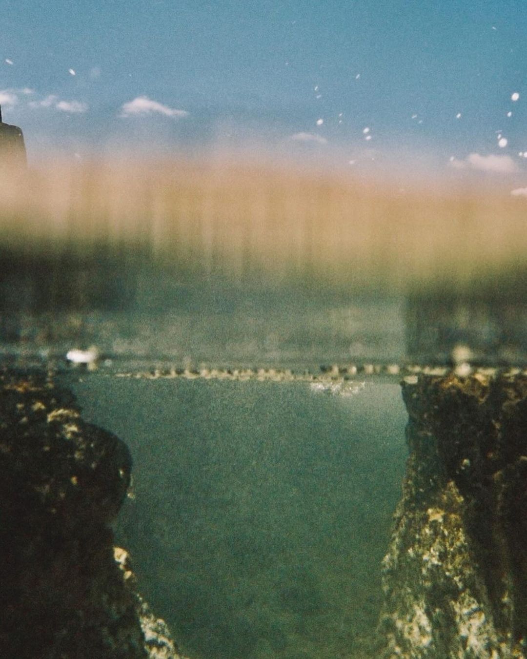 Underwater view of rocky formations and sea life, featuring a clear horizon line and blue sky, creating a serene marine scene.