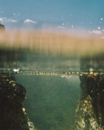 Underwater view of rocky formations and sea life, featuring a clear horizon line and blue sky, creating a serene marine scene.