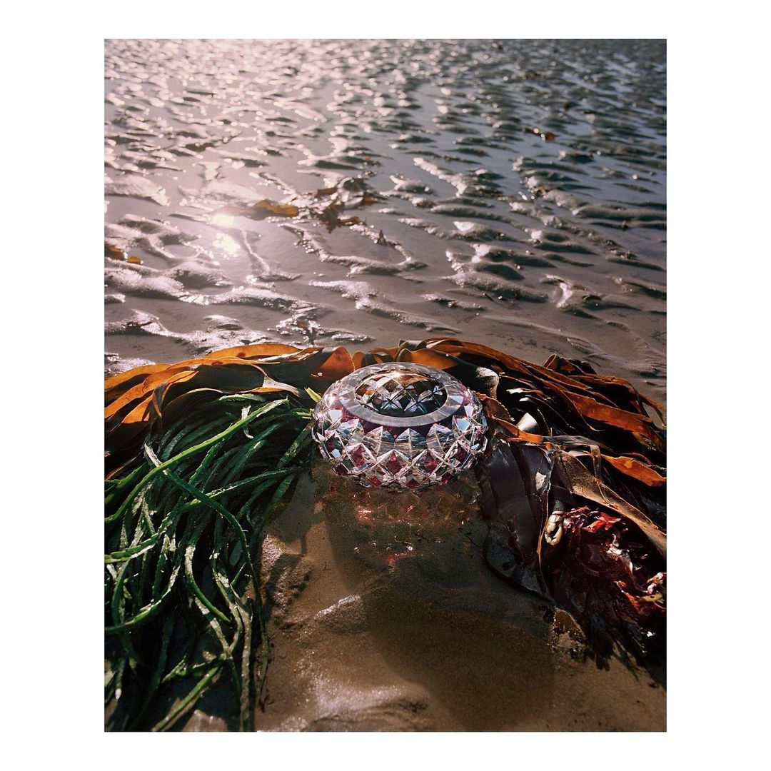 Crystal bowl sits on a sandy beach surrounded by seaweed and ocean water, reflecting light, for a tranquil and luxurious scene.