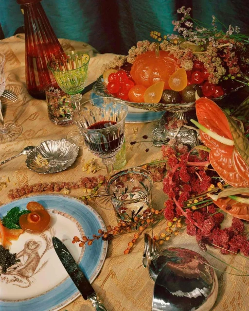 Artful still life on a table with desserts, wine glasses, ornate flatware, antique dinnerware, flowers and a red bottle.