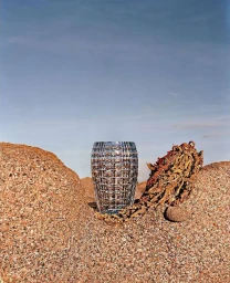Cut glass vase and dried plant nestled between sandy rock formations under a clear sky