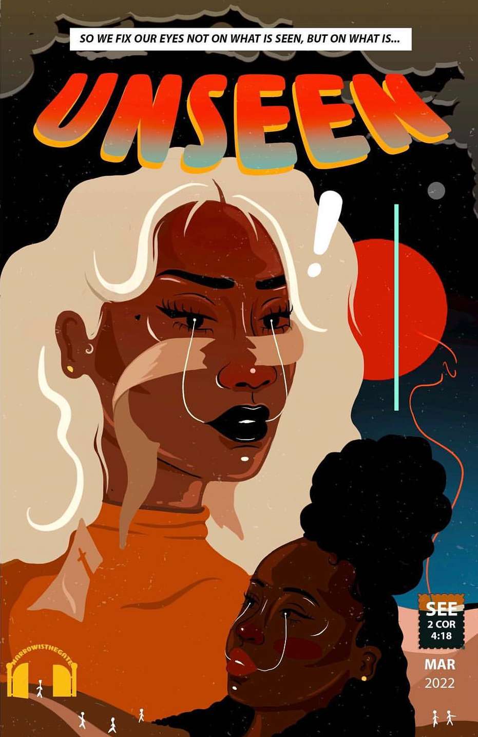 Illustration of two African-American women with tears on their faces against a starry background. Illustration with orange and white tones.