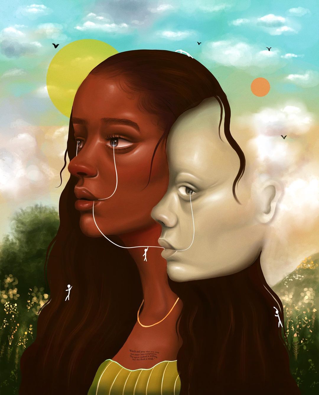 Illustration of two women, one with dark skin and the other with pale skin, connected by strings coming from their eyes and mouths.