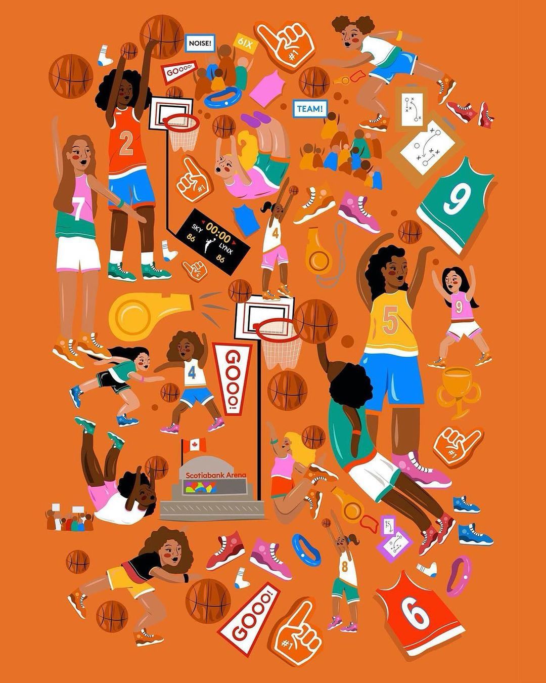 Illustration of multiple female basketball players in action poses, wearing sports jerseys, along with basketballs and sports-themed objects.