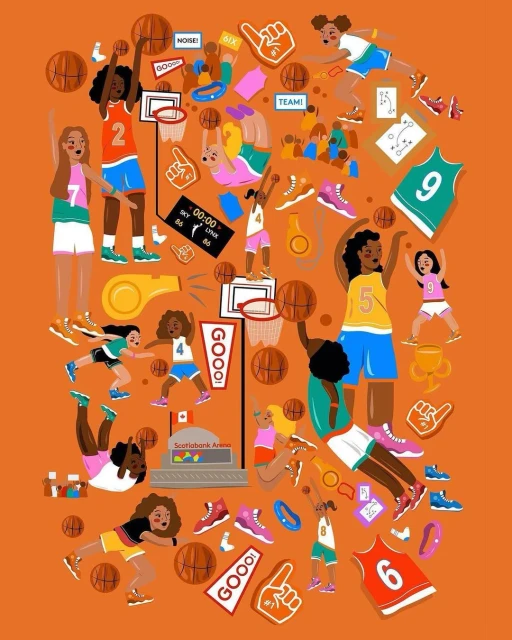 Illustration of multiple female basketball players in action poses, wearing sports jerseys, along with basketballs and sports-themed objects.