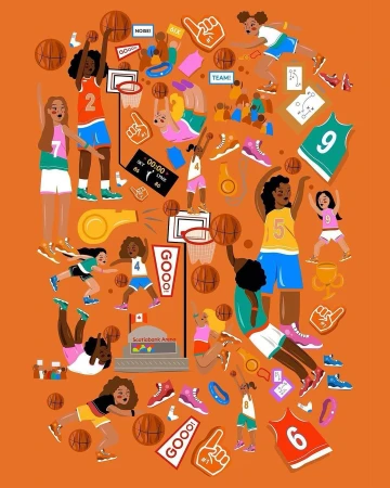 Illustration of multiple female basketball players in action poses, wearing sports jerseys, along with basketballs and sports-themed objects.
