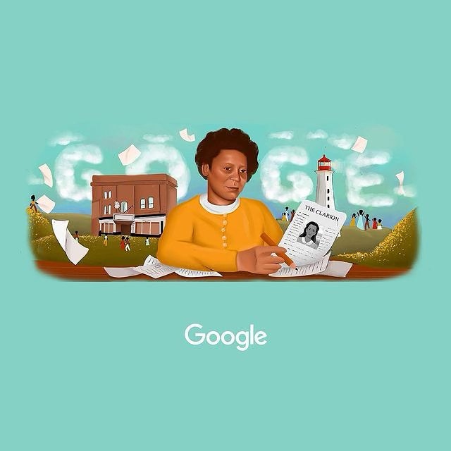 Illustration depicting a woman in yellow reading 'The Clarion' newspaper, in front of a building and lighthouse. Google logo visible.