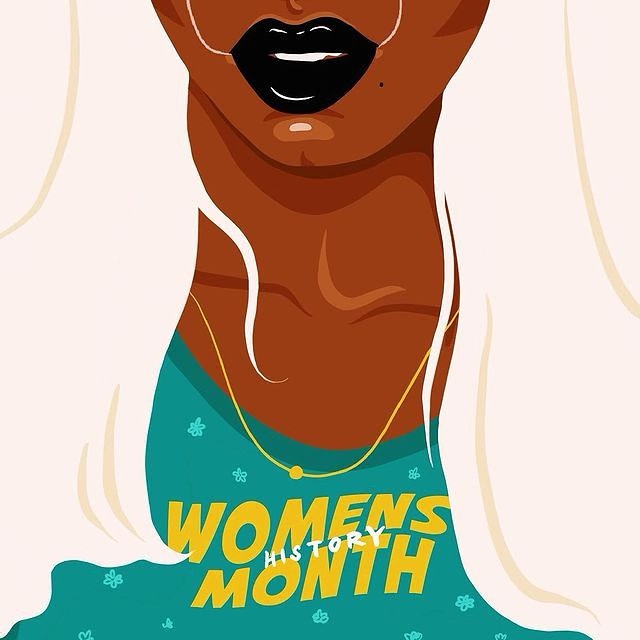 Illustrated portrait of a Black woman with light blonde hair, wearing a teal top and gold necklace, featuring 'Women's History Month' text.