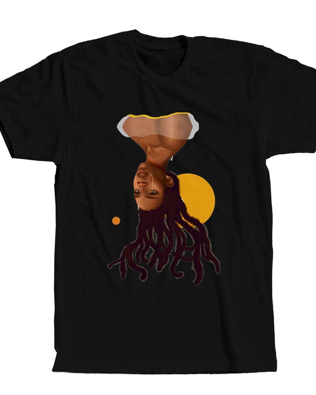 Black t-shirt featuring an illustration of a woman with dark skin and long dark hair, upside down with orange circle designs.