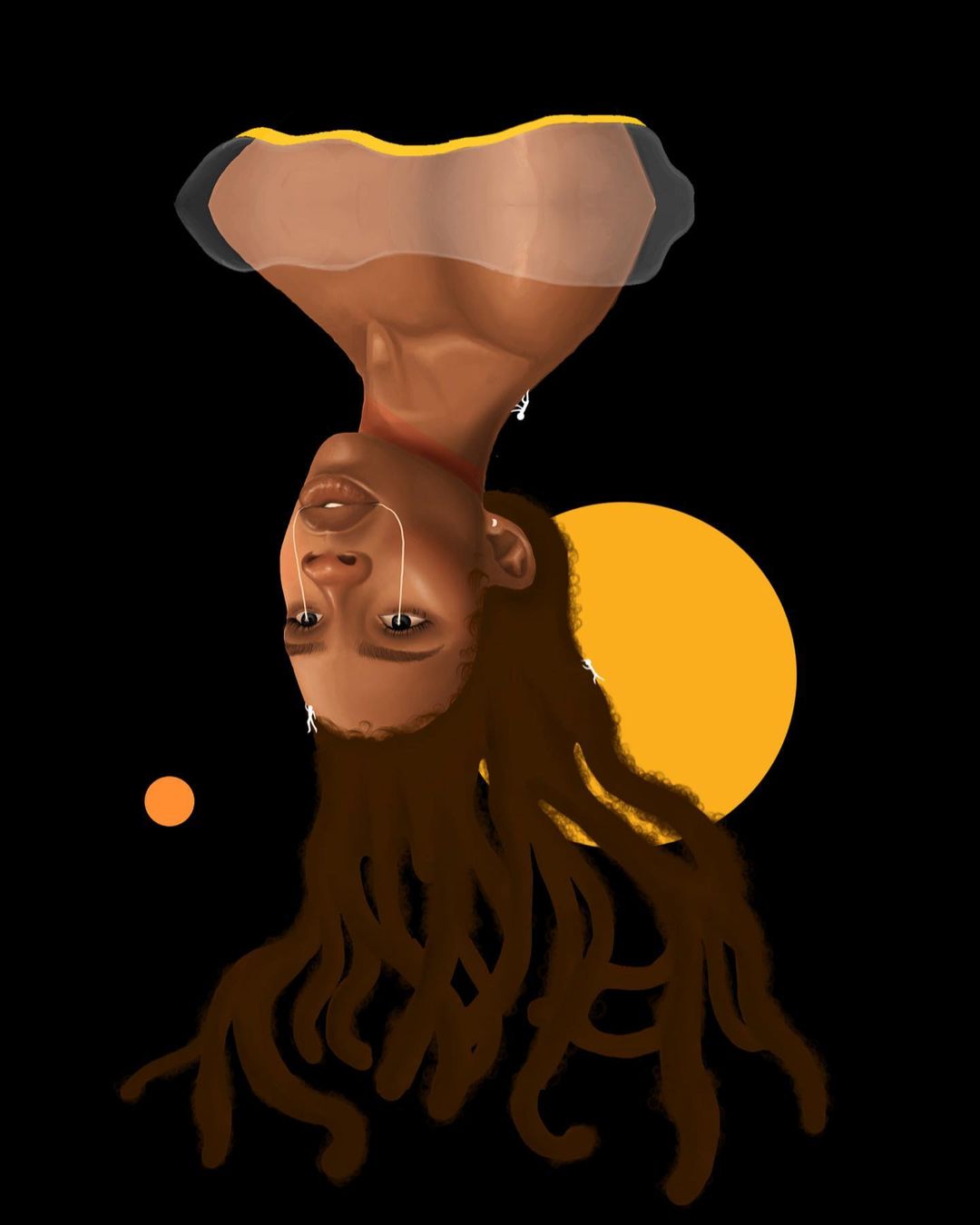 Digital art featuring a portrait of an Upside-down black woman with long brown dreadlocks, set against a stark black backdrop with yellow circles.