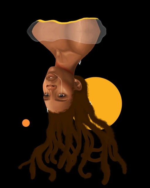 Digital art featuring a portrait of an Upside-down black woman with long brown dreadlocks, set against a stark black backdrop with yellow circles.