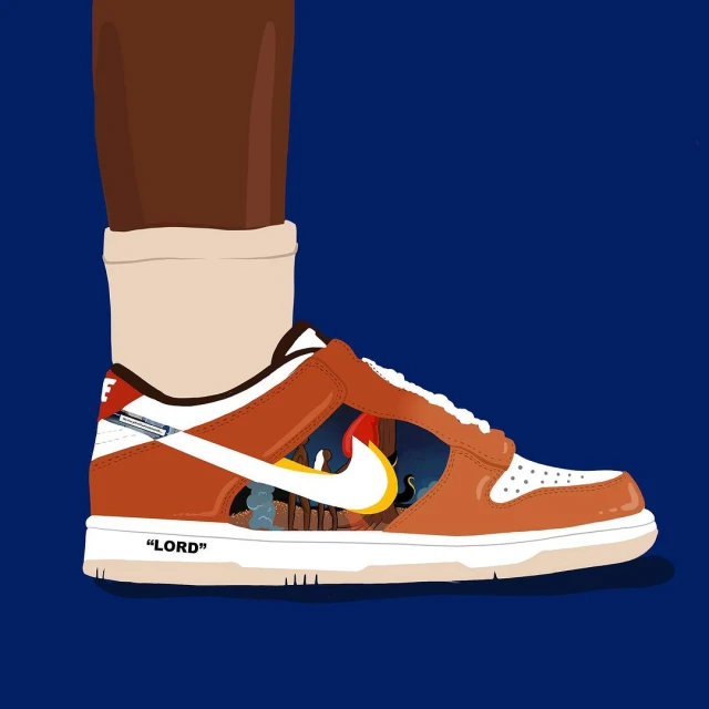 Illustrated Nike Dunk sneaker with a brown leather upper, a white swoosh, and a light tan sock on a leg, set against a dark blue background.