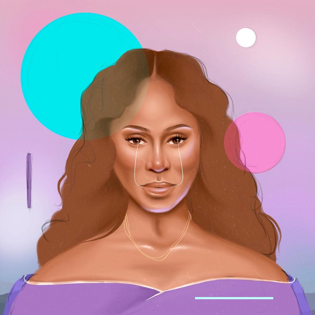 Illustration of a light-skinned woman with brown hair, wearing a purple top and gold necklace against an abstract, colourful background.