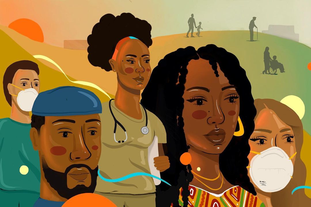 Illustration showing a diverse group of people wearing face masks. Depicts health professionals and community members in a warm, optimistic style.