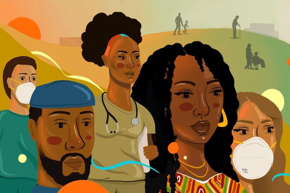 Illustration showing a diverse group of people wearing face masks. Depicts health professionals and community members in a warm, optimistic style.