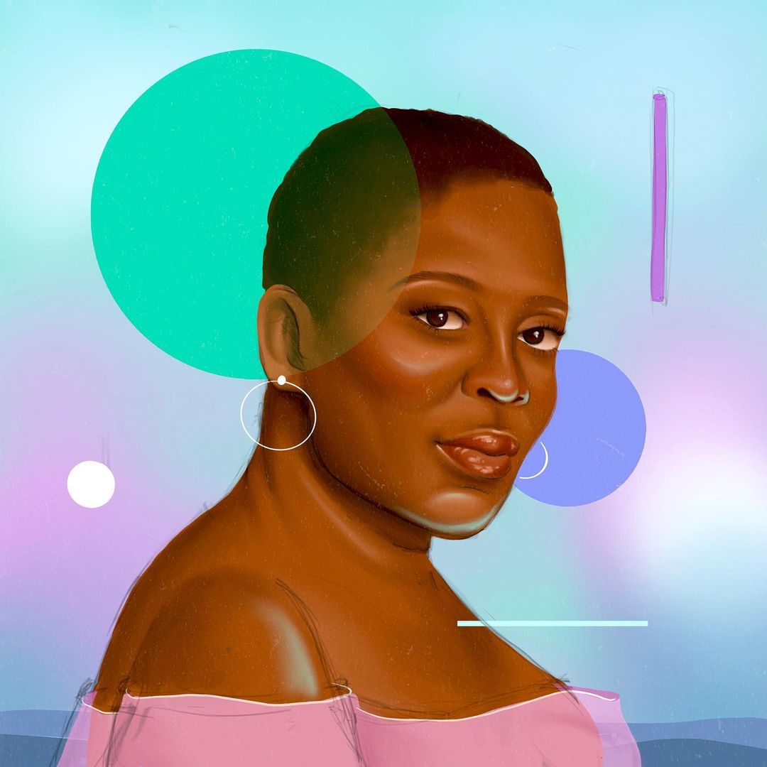 Illustration of a Black woman with short hair and hoop earrings against an abstract background with teal and lavender circles.