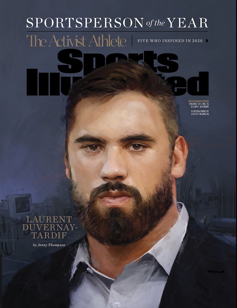 Sports Illustrated cover featuring a painted portrait of Laurent Duvernay-Tardif, SportsPerson of the Year, in a dark suit.