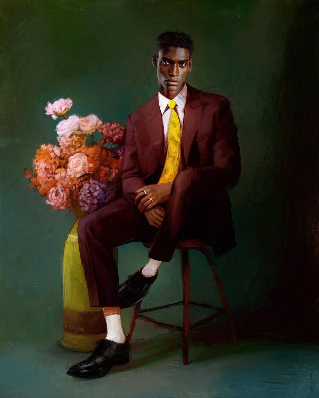A man in a burgundy suit sitting on a wooden stool next to a vase of flowers against a green background in a painted-style studio portrait.