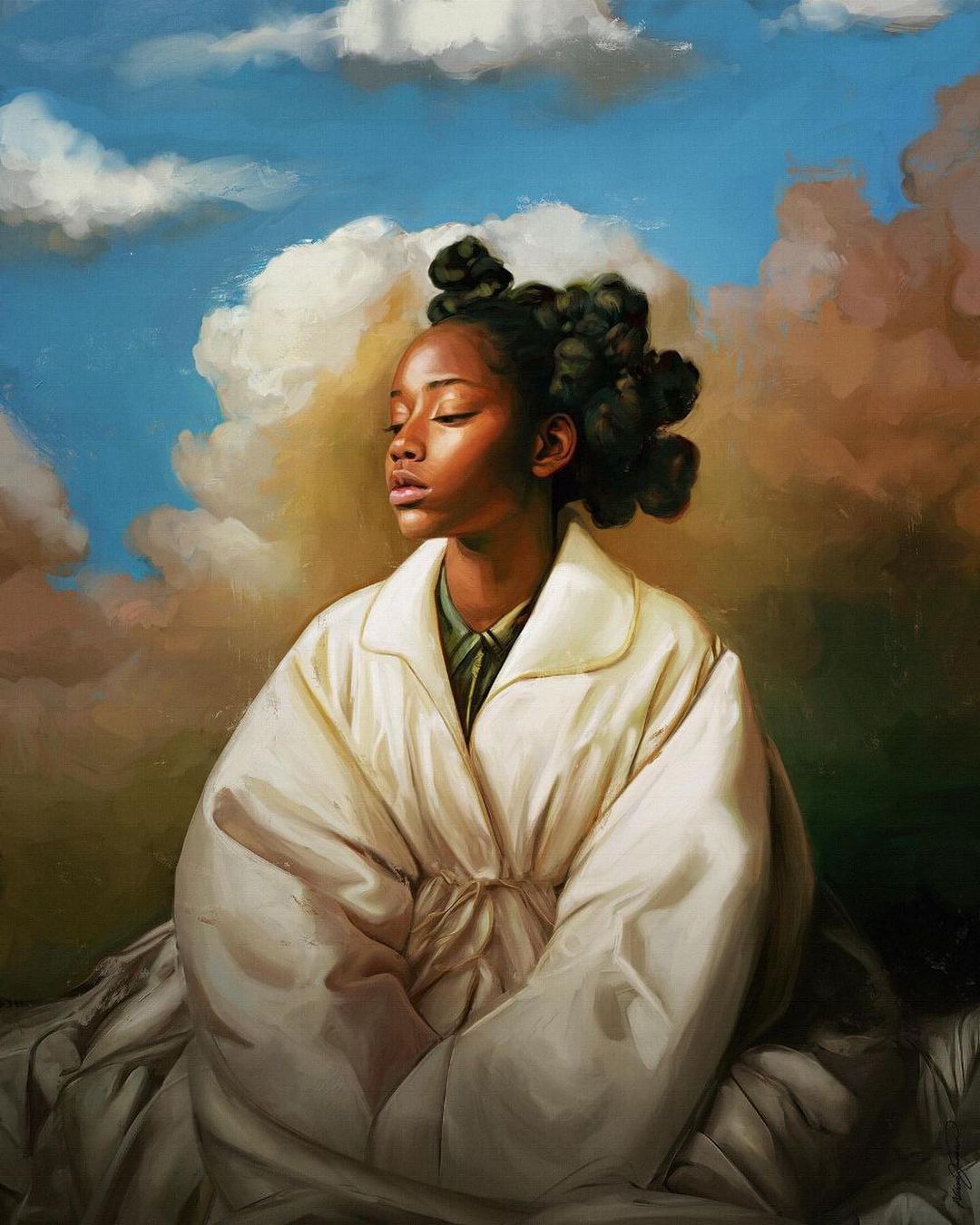 An oil painting of an African-descent woman in a white robe with her eyes closed, set against a dreamy backdrop of clouds and sky.