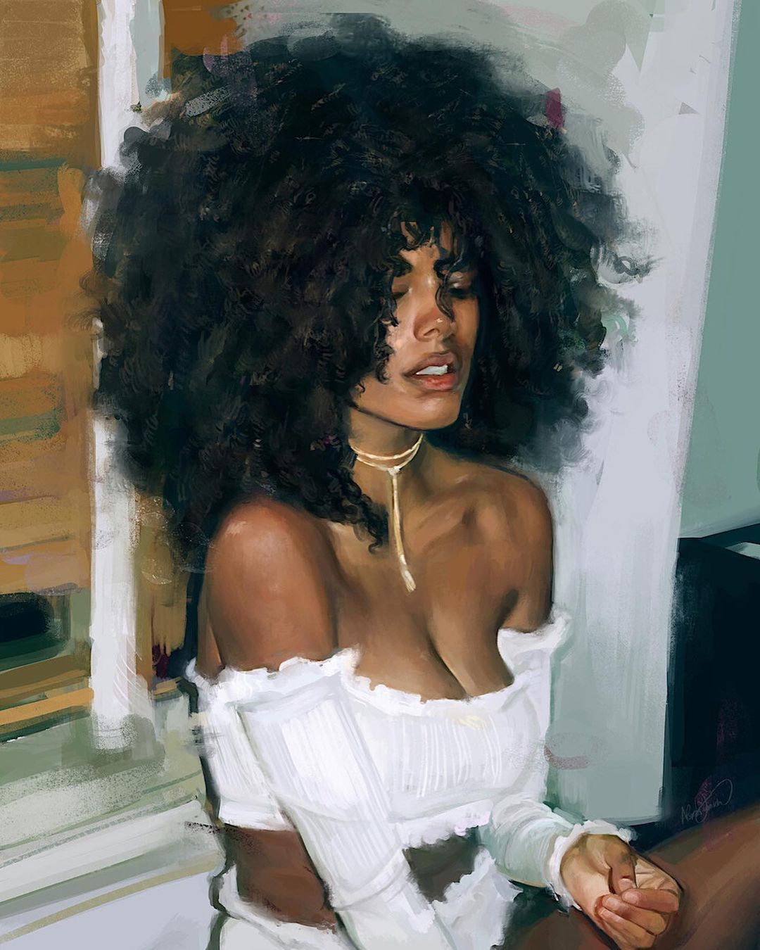Portrait of a Black woman with an Afro wearing a white peasant top and gold necklace, seated in an indoor setting with neutral colors.