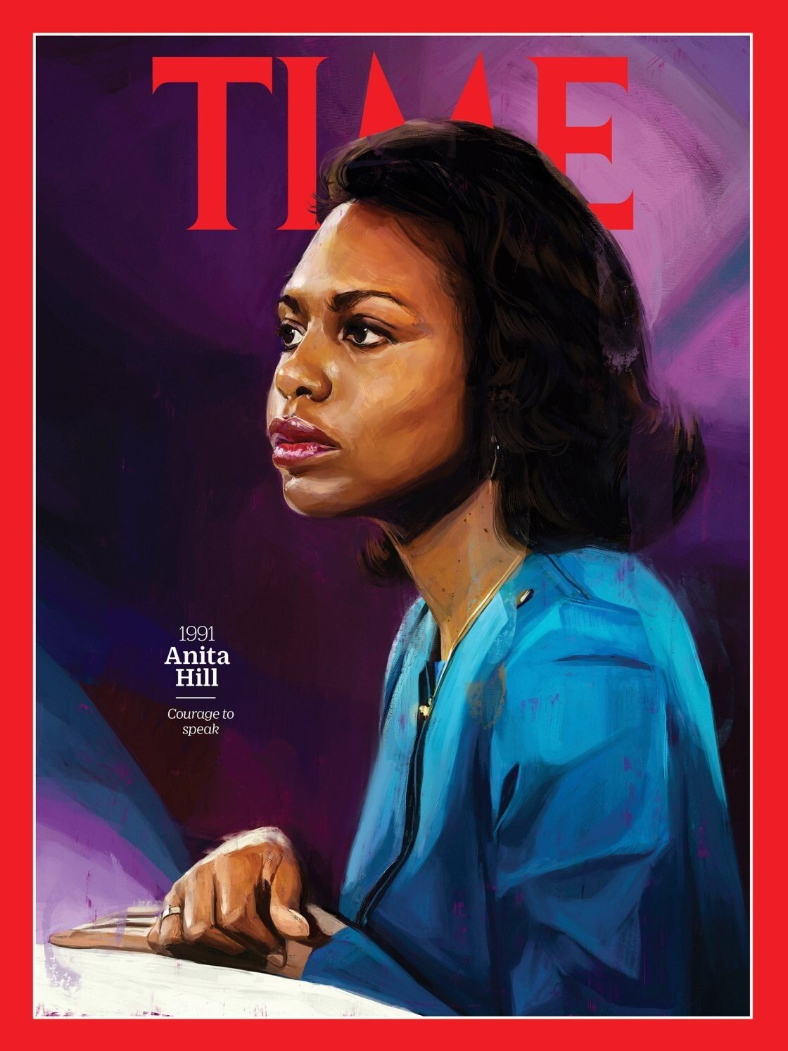 Painting of Anita Hill on a Time magazine cover, portrait of a serious-looking woman in a blue blazer against a dark purple backdrop.
