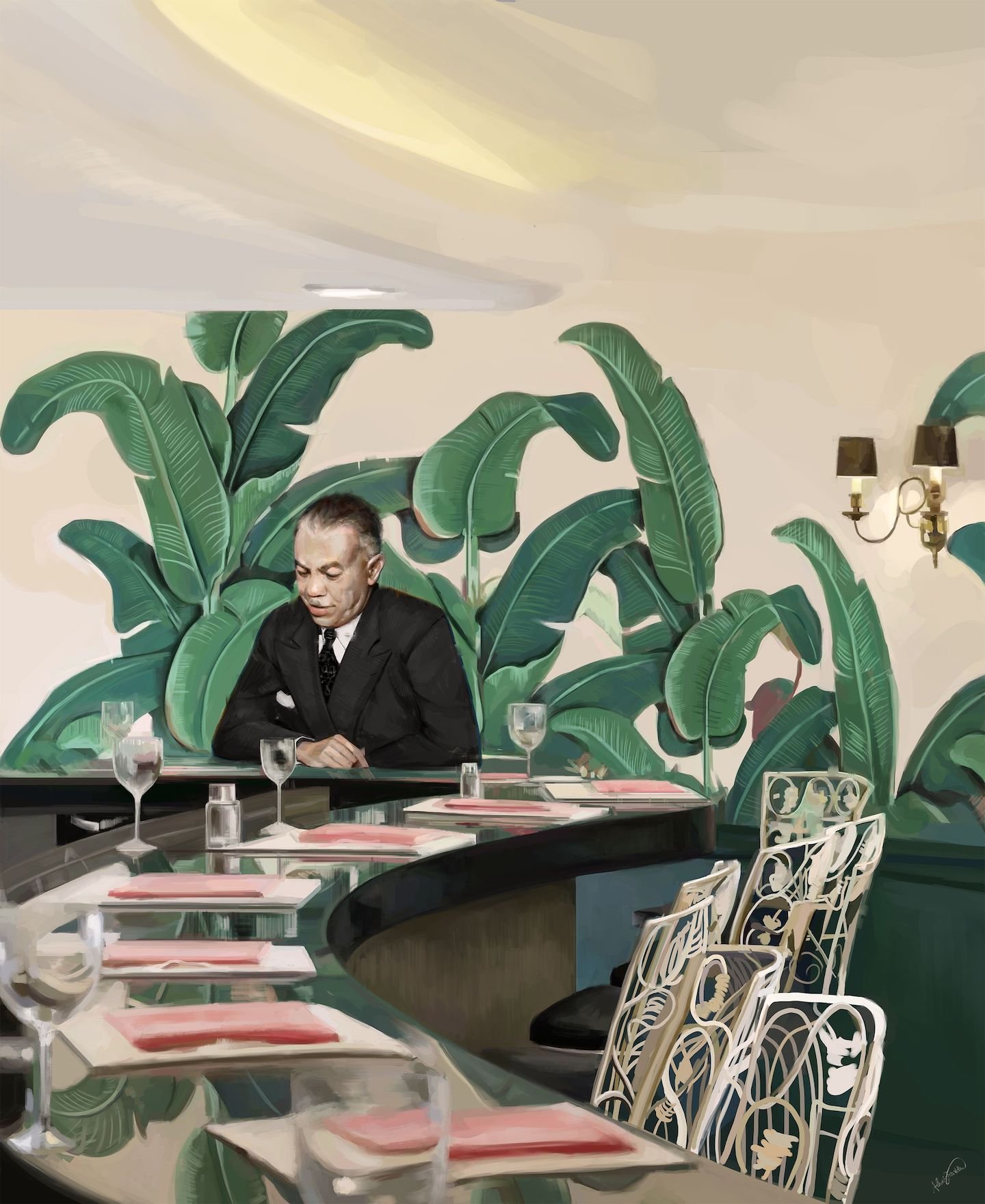 Illustration of a man seated at a restaurant table with red placemats, green counter, banana-leaf wallpaper, and decorative chairs.