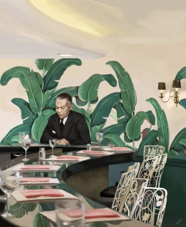 Illustration of a man seated at a restaurant table with red placemats, green counter, banana-leaf wallpaper, and decorative chairs.