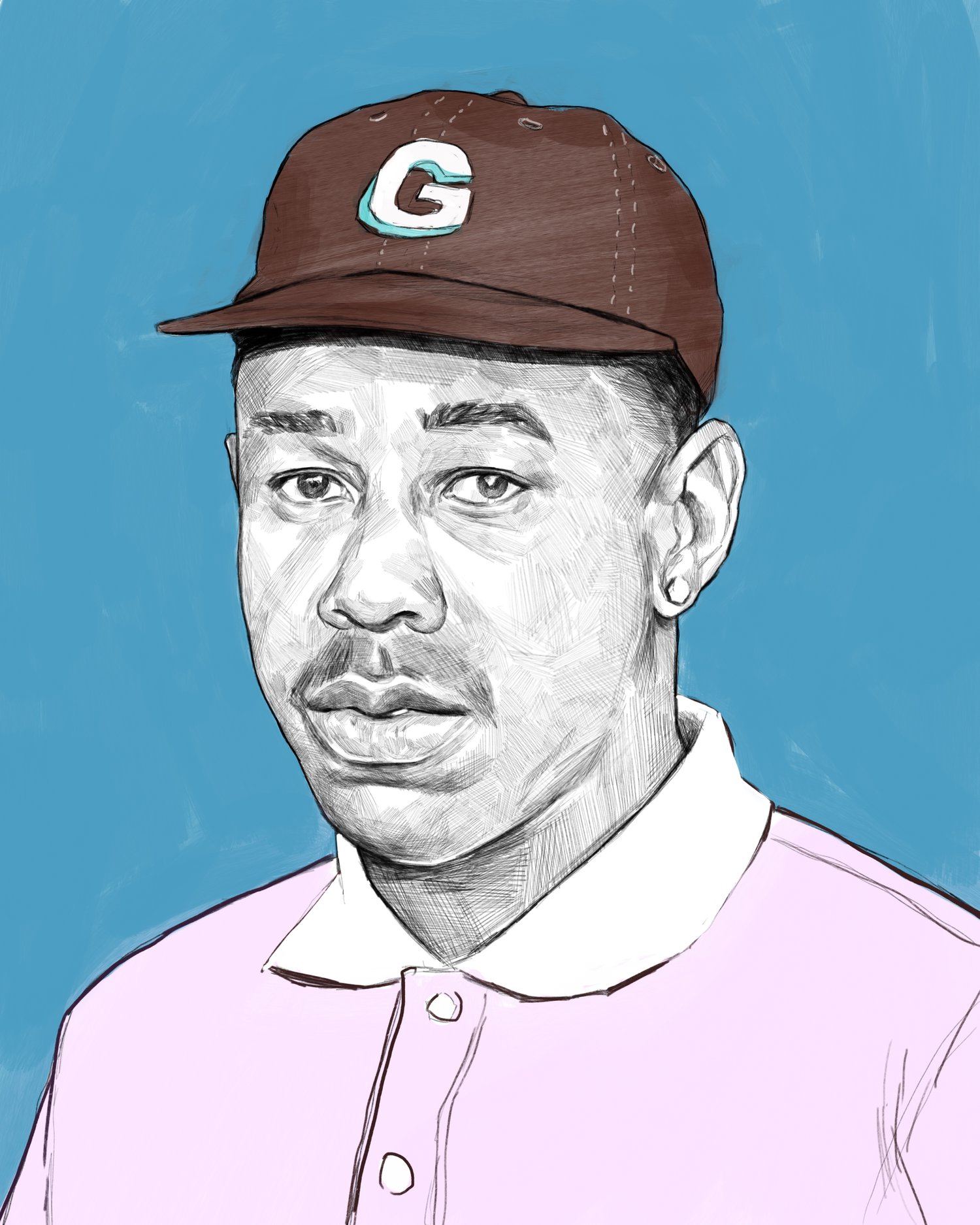 Illustration of a man wearing a brown baseball cap with a 'G' logo, pink collared shirt, set against a soft blue background.