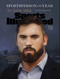 Portrait illustration of Laurent Duvernay-Tardif with a beard wearing a white shirt and dark jacket on a magazine cover.