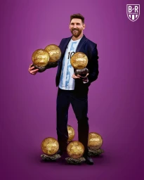 Illustration of Lionel Messi holding golden trophies in a suit and jersey against a solid purple background