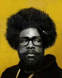 Digital portrait illustration of a Black man with an afro and glasses against a textured yellow background by Alexis Franklin