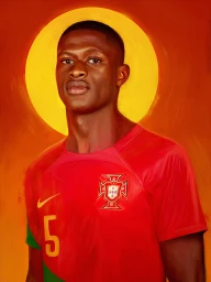 Digital illustration portrait of a Black man wearing a red soccer jersey with the number 5, set against a warm orange background with a golden halo