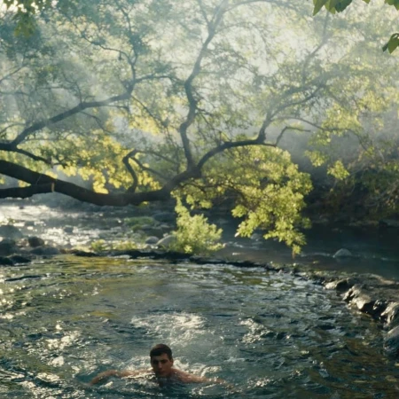 Man swimming in a clear natural spring pool beneath overhanging tree branches with sunlit foliage in Paris by Alexis Pazoumian