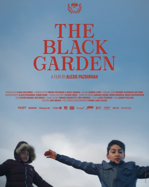 Movie poster for 'The Black Garden' featuring two children standing in front of a cloudy sky, with the title prominently displayed above.