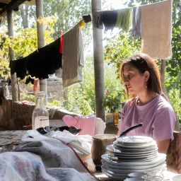 Woman in purple t-shirt seated at an outdoor table with a stack of white plates by photographer Alexis Pazoumian in Paris.