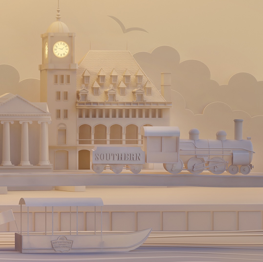 Paper art of a vintage-style Southern train station with a clock tower, a docked boat, and a steam train under a white sky.