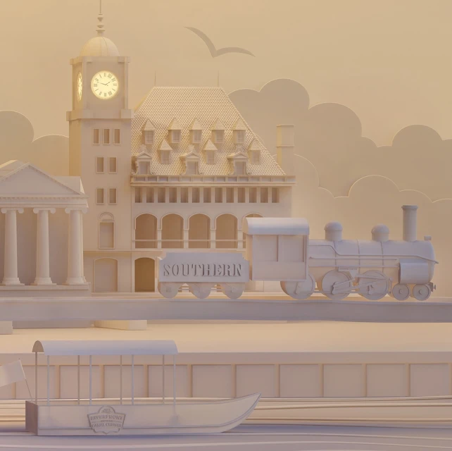 Paper art of a vintage-style Southern train station with a clock tower, a docked boat, and a steam train under a white sky.