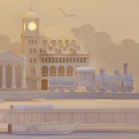 Paper art of a vintage-style Southern train station with a clock tower, a docked boat, and a steam train under a white sky.