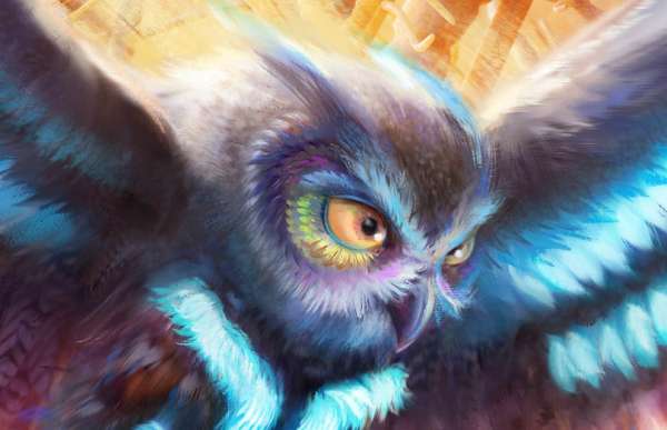 Detailed illustration of an owl with striking blue feathers, rendered with vibrant colors and textures, creating a captivating visual piece.
