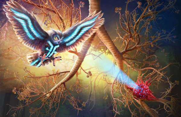 Illustration of a neon-striped owl flying through the air, branches surround the owl with a red growth at the end of a branch.
