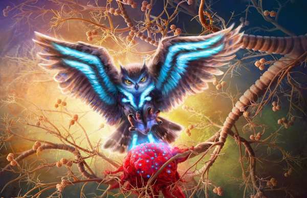 Digital art of an owl with wings spread, standing on a red, textured surface, surrounded by branches with small berries and a soft background.