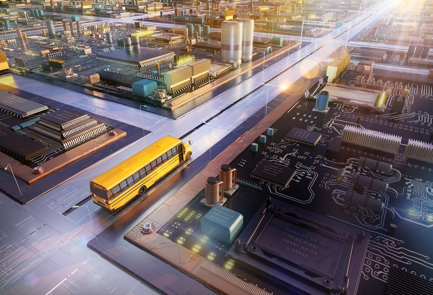 Digital rendering of a yellow school bus traveling along a circuit board road with an abstract futuristic city in the background.
