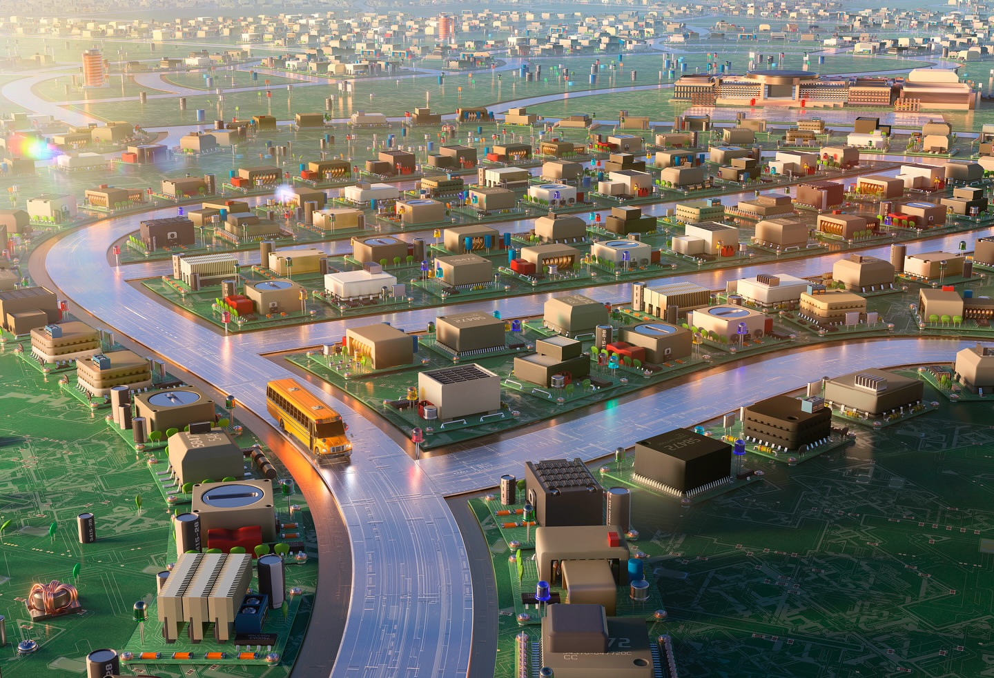 Digital artwork shows a miniaturized city with buildings resembling microchips, roads like circuit traces, and a yellow bus driving through.