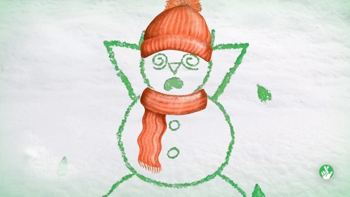 Illustration of a green-outlined snowman with an orange knit hat and scarf against a snowy white background, in a whimsical style.
