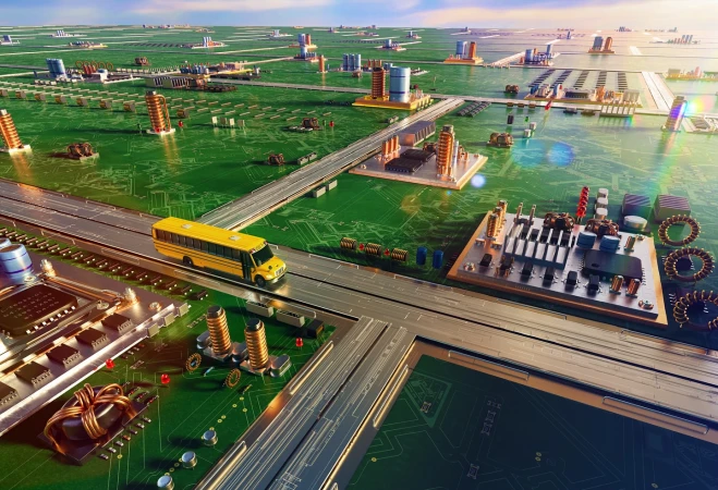 Aerial view of a yellow school bus driving on elevated roadways above a green computer circuit board and various electronic components.